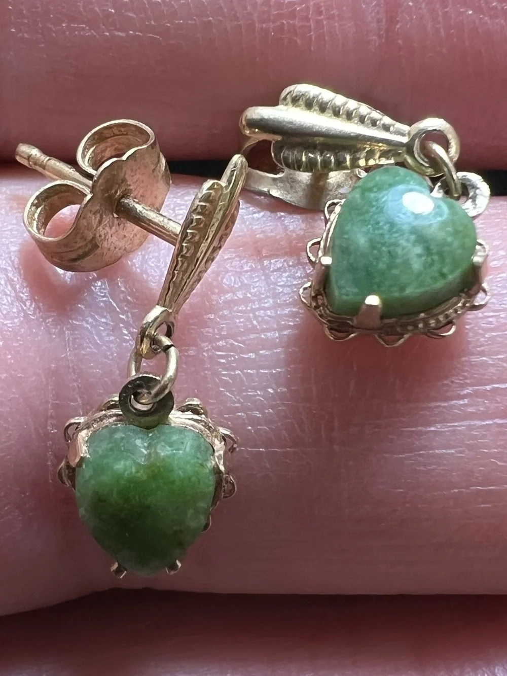 Vintage 14k Gold Heart Jade Drop Earrings